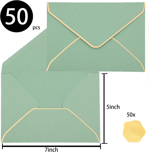 50 pcs Sage Green Envelope with V-Flap, Gold Border & Golden Sticker, 5 x 7 Self Adhesive Envelopes for Office, Invitation, Wedding, Graduation...