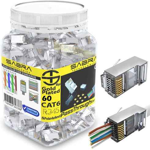 Shielded rj45 cat6 cat 6a connectors Gold Plated Cat6 Pass Through Connectors 23awg Cat6 Shielded Cat6/Cat6a Modular Plugs Ethernet Ends (60 PCS)...