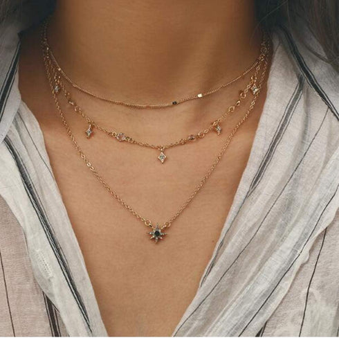 Bohemia Layered Choker Necklace Star Necklace Crystal Choker Diamond Star Charm Pendant Necklace Multi-layered Station Chain for Women...