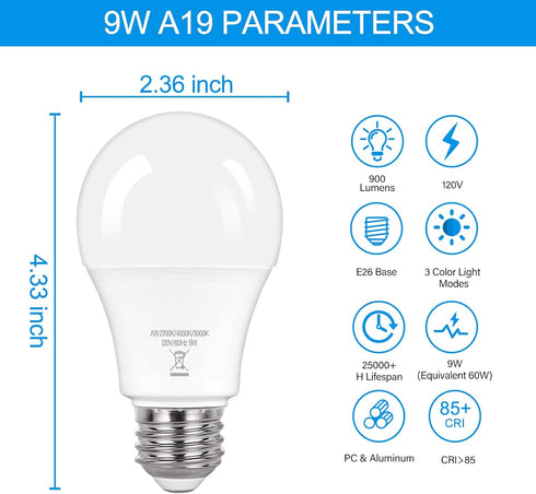 PARTPHONER A19 LED Light Bulbs, 60W Equivalent Efficient 9W LED Bulb, 3 Color Light Modes Light Bulbs, 900 Lumens, CRI 85+, 25000+ Hours Lifespan,...
