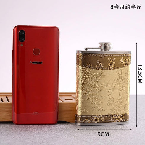 Golden pattern 8 Oz Gift 100% Stainless Steel(304/18-8 SS).Bonus 2 Shot Glass+1Funnel+1Giftbox.Flask Leak Proof Tested.Flask for Liquor/Alcohol.Fl...