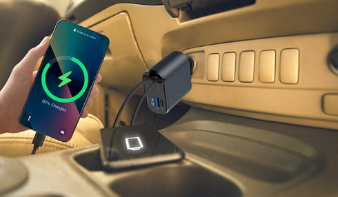 Retractable Car Charger, 4 in 1 Fast Charge Car Phone Charger 100W, Retractable Cables(2.6ft) for iPhone & Type-C, Cigarette Lighter Adapter for i...