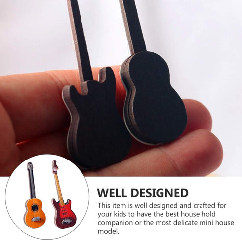 Toyvian 2Pcs Miniature Guitar Dollhouse Mini Musical Instrument Wood Bass Guitar Model Ornament for Fairy Garden Accessories Kids Play Toys Birthd...