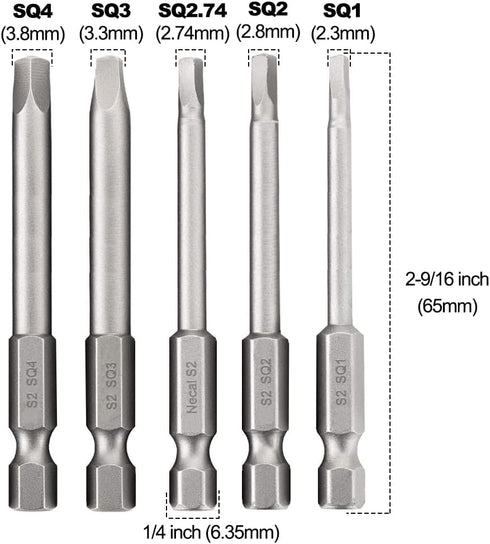 10PCS Magnetic Square Head Screwdriver Bits Set 1/4'' Hex Shank Square Drive Bit S2 Steel SQ1, SQ2, SQ2.7, SQ3, SQ4 Quick Release Power Tools for ...