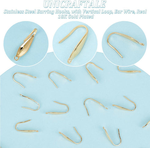 UNICRAFTALE about 50pcs Real 18K Gold Plated Earring Hooks Stainless Steel Earring Hooks with Loop Metal Ear Wires Wide French Earring Hooks for D...