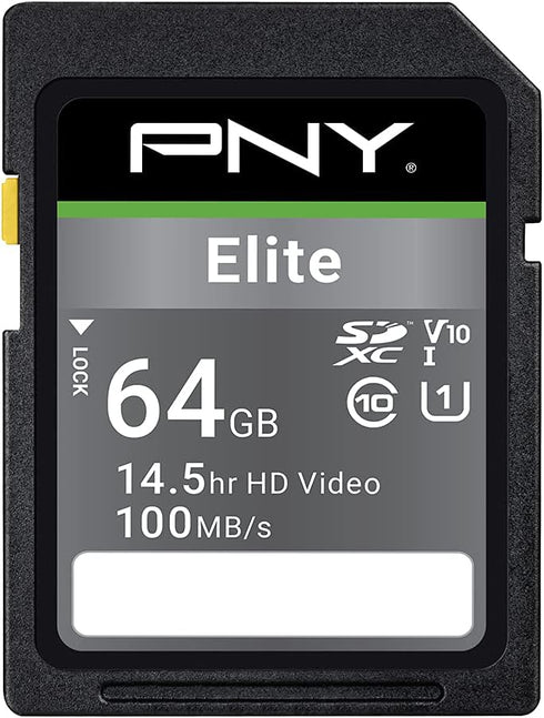 PNY 64GB Elite Class 10 U1 V10 SDXC Flash Memory Card - 100MB/s, Class 10, U1, V10, Full HD, UHS-I, Full Size SD...