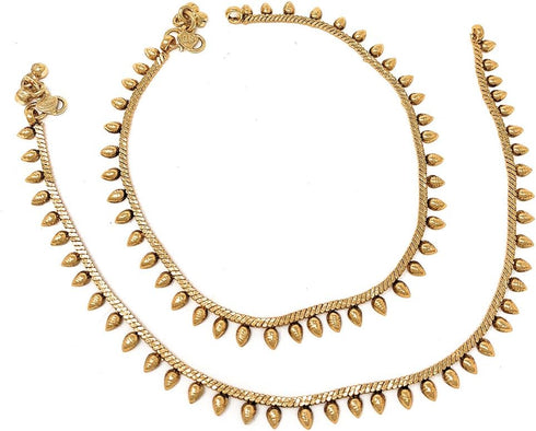 Gold Plated Dainty Simple Everyday Wear Chain Teardrop Bell Payal Anklet Pair For Women - Beach Party Gift...