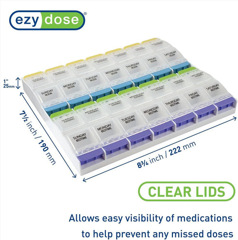 Ezy Dose Weekly (7-Day) Pill Organizer, Vitamin and Medicine Box, 2X-Large Push Button Compartments, 4 Times a Day, Clear Lids...