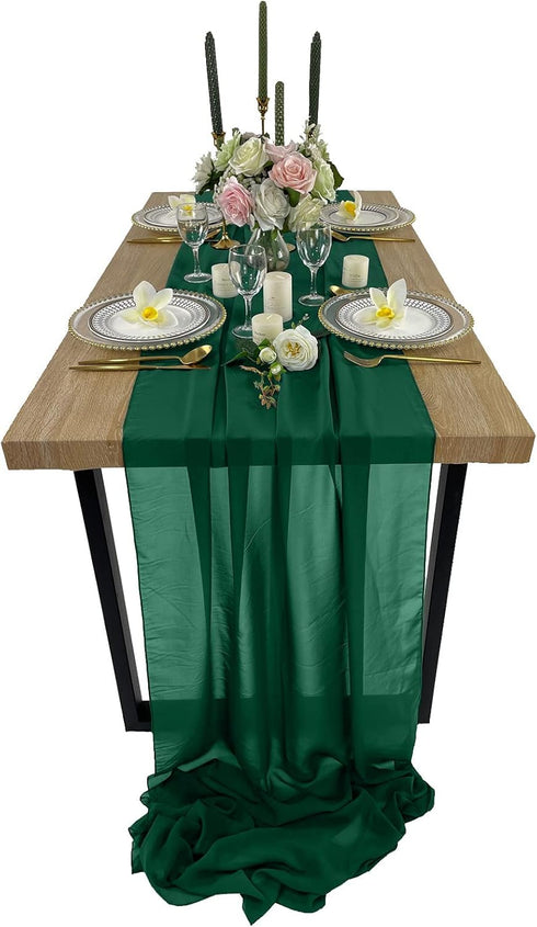EHLDekol 10ft Chiffon Table Runners 27x120 inches Romantic Sheer Wedding Table Runner Top Table Bridal Party Decoration (Emerald Green?10ft)...