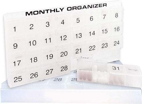 31 compartments, 1 per Day, 4 Week Monthly Pill Organizer by Promed. Includes Tray and 8 Removable compartments. (White)...