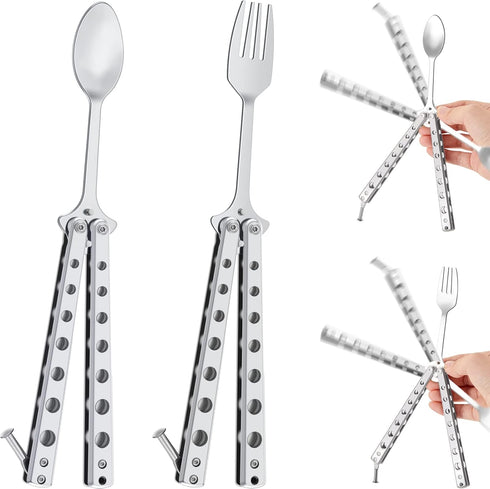 2 Pcs Butterfly Fork and Spoon Set, Tactical Butterfly Spoon Folding Stainless Steel Butterfly Fork for Travel Camping Hunting BBQ Kitchen(Silver)...
