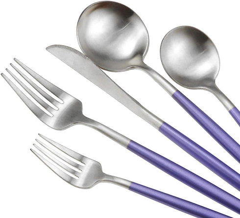 Gugrida Luxury Flatware, Royal 5 Piece Matte Purple Handle 18/10 Stainless Steel Tableware Sets for 1 Including Forks Spoons Knives, Camping Silve...