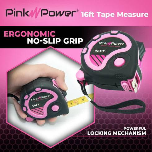Pink Power 16ft Pink Measuring Tape Measure for Womens Tool Kit with Retractable Blade and Lock Button - Girls Tape Measure for Pink Tools - Light...