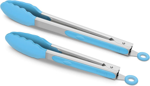 Set of 2 Kitchen Tongs, Premium Stainless Steel Locking 9-Inch & 12-Inch Silicone Grilling Barbeque Cooking Food Tong, Blue...
