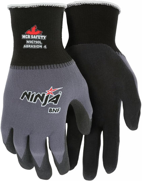 MCR Safety Gloves N96790XL Ninja BNF 15 Gauge Work Gloves, Nylon/Spandex Shell with NFT Coated Palm & Fingertips, Black/Grey, XL...