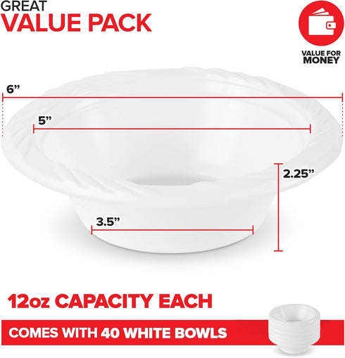 Stock Your Home (40 Pack) 12 oz Elegant White Plastic Bowls for Parties Small Disposable Bowl for Fancy Dinner or Cocktail Party, Soup and Salad, ...