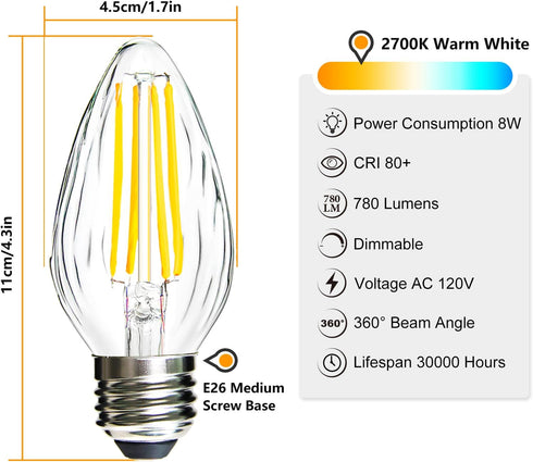 ROMANJOY F15 Dimmable LED Light Bulbs Led Porch Light Bulb 8W Equivalent 80W 2700K Warm White E26 Edison Vintage Bulb Flame Wrinkle Clear Glass Co...