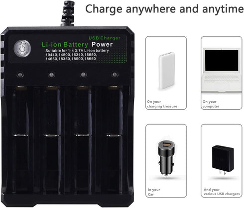 18650 Battery Charger 4 Bay Fast Charge, for 3.7V Li-ion TR IMR 10440 14500 16650 14650 18350 18500 16340(RCR123) Batteries, USB Intelligent Unive...