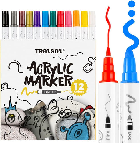 TRANSON 12 Color Dual-tip Acrylic Paint Pen Set for Canvas Rock Wood Leather Ceramic DIY Painting...
