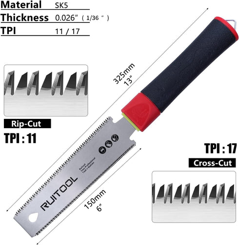 RUITOOL Japanese Hand Saw 6 Inch Pull Saw Double Edge SK5 Flexible Blade 11/17 TPI Non-slip Handle Flush Cut Saw Wood Saw for Woodworking Tools...