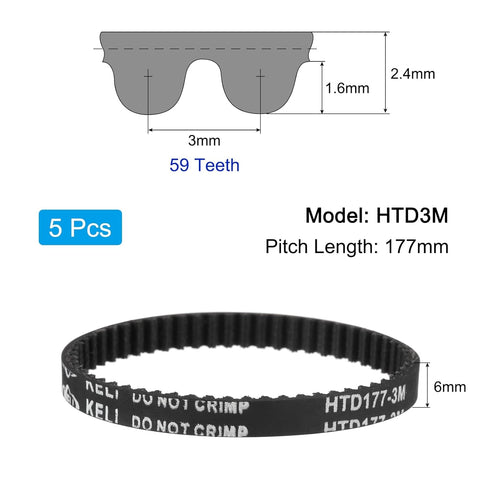 uxcell 5pcs HTD-3M Rubber Timing Belt 59 Teeth, 177mm Pitch Length x 6mm Width x 2.4mm Height, Closed Loop Pulley Timing Belt...