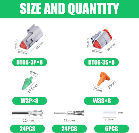 86 PCS Deutsch DT Grey 3 Pin Connectors 8 Set, Waterproof Electrical Wire Connector with Stamped Contacts and Seal Plug for Truck, Off-Road Vehicl...