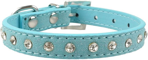 Cute Dazzling Sparkling Elegant Fancy Suede Leather 1 Rows Bling Rhinestone Crystal Jeweled Small Pet Cat Dog Puppy Collar(Blue,S)...