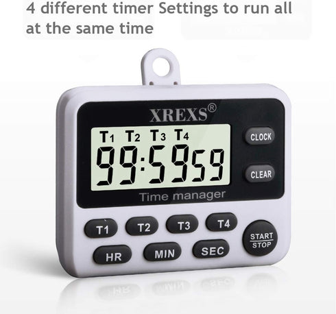 XREXS 4-Channel Digital Kitchen Timer Clock with Large LCD Display, 4 Groups Simultaneous Timing Countdown Up Pocket Timer, Magnetic Attachable (B...