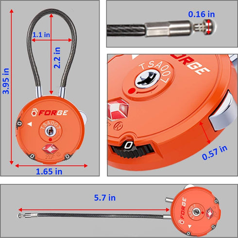 Forge Quality TSA Approved Luggage Locks for Travel Accessories, Suitcase, Pelican case, Set Your own Combination, Zinc Alloy Body-Cable Locks Ora...