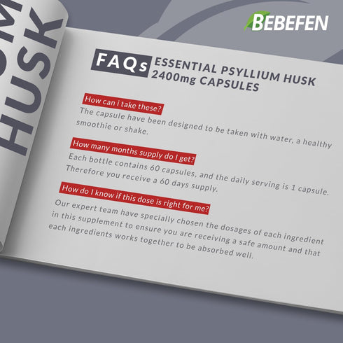 BEBEFEN Psyllium Husk Capsules 2400mg with Black Pepper - 2 Month Supply - Daily Soluble Fiber for Gut Health - Non-GMO and Gluten-Free Formula...