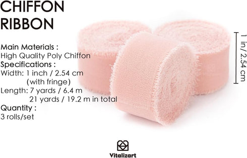 Vitalizart Blush Pink Chiffon Silk Ribbon 1" x 21Yd Fringe Fabric Eco-Friendly Package (3 Rolls *7Yd) for Wedding Invitations Bridal Bouquets Deco...