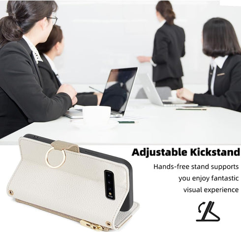 Asuwish Phone Case for Samsung Galaxy S10 Plus Wallet Cover with Screen Protector and Mirror Flip Cover Ring Card Holder Crossbody Strap Stand Cel...