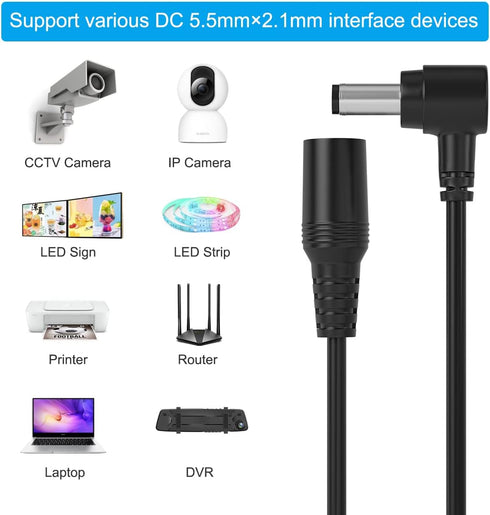 DC Extension Cable 5.5mm x 2.1mm 90 Degree Right Angle Male to Female Left Angle 12v DC Power Extension Cable Cord for IP CCTV Surveillance Securi...