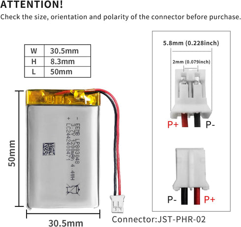 EEMB Lithium Polymer Battery 3.7V 1200mah 803048 Lipo Rechargeable Battery Pack with Wire JST Connector for Speaker and Wireless Device- Confirm D...