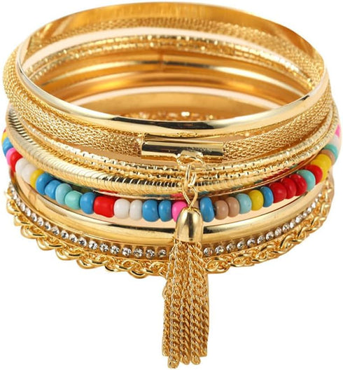 COLORFUL BLING Boho Gold Indian Multi Cuff Bangle Bracelet Layered Rhinestone Pearl Stackable Cable Smooth Bracelet Set Bohemian Jewelry for Women...