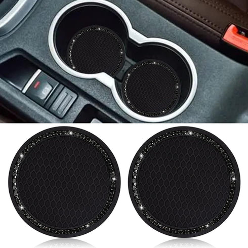 SUNCARACCL Car Cup Holder Coaster, 2 Pack Universal Bling Vehicle Insert (2.75" Diameter), Crystal Rhinestone Car Interior Accessories (Black with...