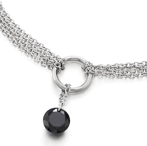 COOLSTEELANDBEYOND Stainless Steel Multi-Strand Anklet Bracelet Dangling Charms Black Cubic Zirconia 8MM...