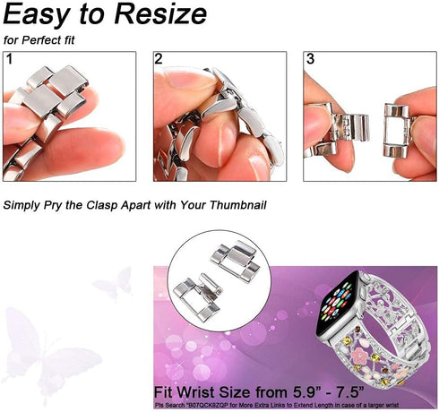 Floral Bracelet Compatible with Apple Watch Band 42mm 44mm 45mm 46mm 49mm iWatch Series 10 9 8 7 SE,Bling Crystal Hollow Metal Strap,Cute Women Dr...