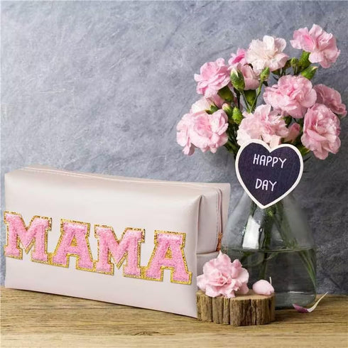 Y1tvei Preppy Patch Extra Large Mama Varsity Letter Makeup Bag Pink Chenille Letter PU Leather Waterproof Portable Cosmetic Toiletry Bag Zipper Or...