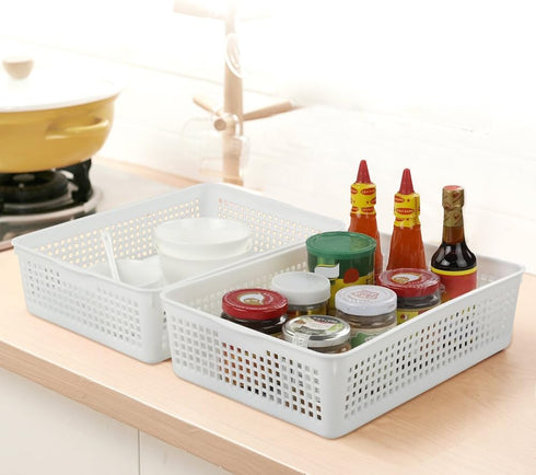 Plastic Storage Trays Baskets/Organizing Baskets, 13.2 Inches x 9.6 Inches x 3.6 Inches, Set of 6 (White)...