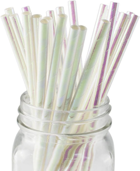 Foil Iridescent Pink Pearl Cocktail Paper Straws, Disposable 7.75 Inches, Pack of 100...