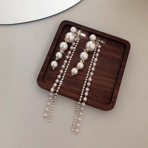 Long Pearl Tassel Drop Earrings Vintage Gold Tiny Crystal Pearl Dangle Earrings Rhinestones Tassel Dangle Pearl Statement Earrings Prom Earrings J...