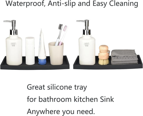DNC Bathroom Vanity Tray for Counter, 2PC 7.9" Silicone Kitchen Sink Soap Tray for Countertop Dish Holder Dispenser Toilet Tank Desk Organizer Bla...