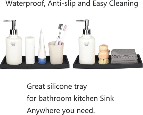 DNC Bathroom Counter Tray, 7.9" Silicone Vanity Tray, Kitchen Sink Soap Tray for Dish Holder Dispenser Countertop Toilet Tank Desk Organizer Black...