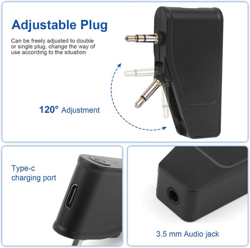 Bluetooth 5.3 Adapter for Wireless/Wired Headphones, 2 in 1 Airplane Bluetooth Adapter with 3.5mm Aux Jack Compatible with Airplane/Home TV/Gym/Bo...