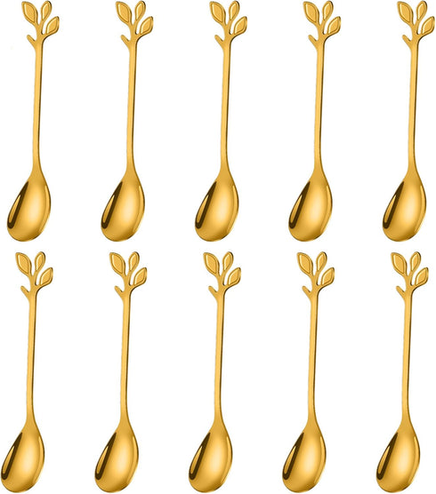 AnSaw Elegant Gold Leaf Coffee Spoons - 10-Piece, 4.7" Mini Stainless Steel Espresso & Dessert Tea Spoons, Perfect for Demitasse & Small Servings...