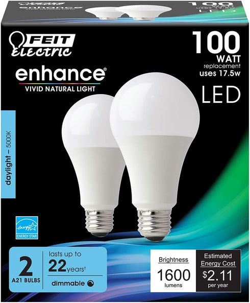 Feit Electric A19 100W Equivalent LED Light Bulbs, Dimmable, 5000k Daylight, 1600 Lumens, 22 Year Lifetime, E26 Base, CRI 90, UL Listed, Damp Rate...