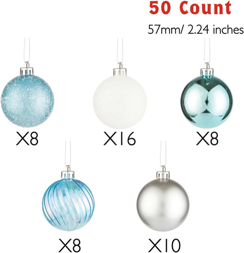 Every Day is Christmas Ornaments, Shatterproof Christmas Tree Ornament Set, Christmas Balls Decoration 50 Count (2.24"/57mm, Blue Silver)...
