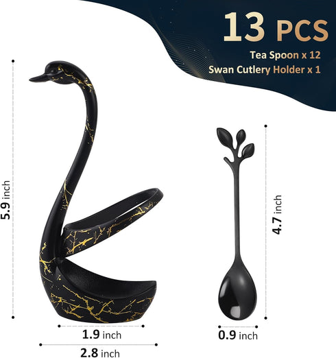 Black Swan Base Holder with 12-Pieces 4.7-inch Small Coffee Spoons,Leaf Handle Set Spoons Creative Dinnerware Set (Black & Gold)...