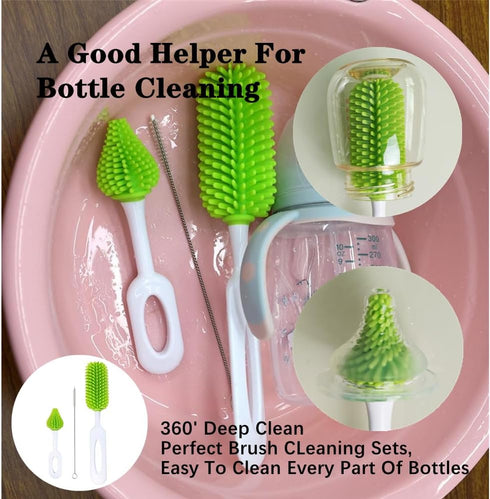 3 PCS Baby Bottle Cleaning Brush Durable Silicone Bottle Brush Silicone Bottles Cleaner Bottle Accessories-Bottle, Nipple and Straw Brushes for Wa...